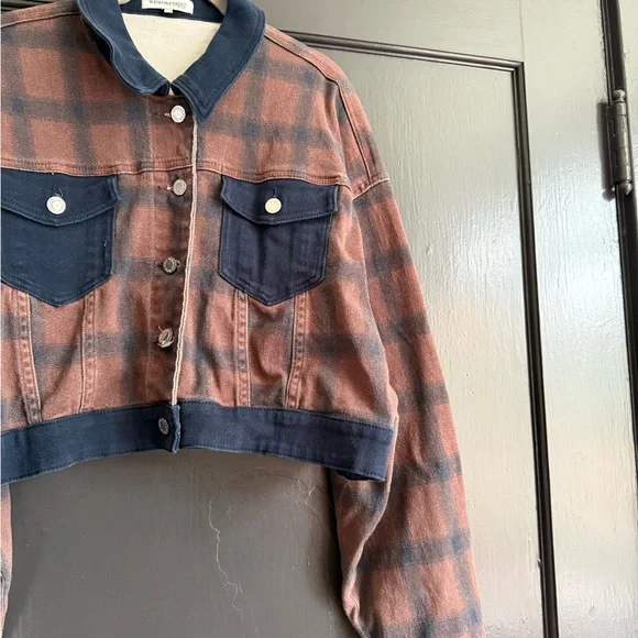 WeWoreWhat Plaid Jean Jacket in Brown and Navy - Picture 3 of 5